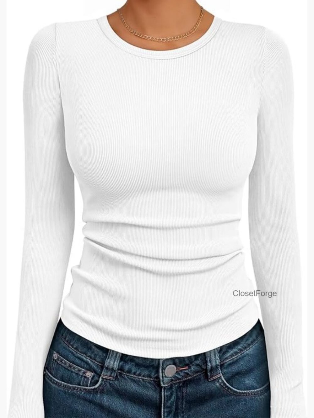 Ribbed Long Sleeve Crewneck T-Shirt - Soft Stretch Basic Top